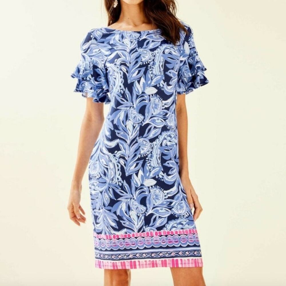 Lilly Pulitzer Dianna Dress Size L Blue Print Mini w/ Pink Accents